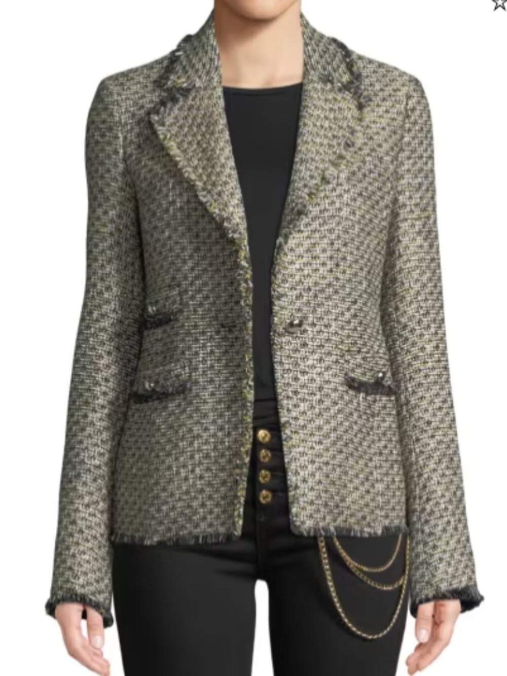 Veronica Beard Fabian Black Yellow Metallic Tweed Fringe Blazer Jacket Size 4